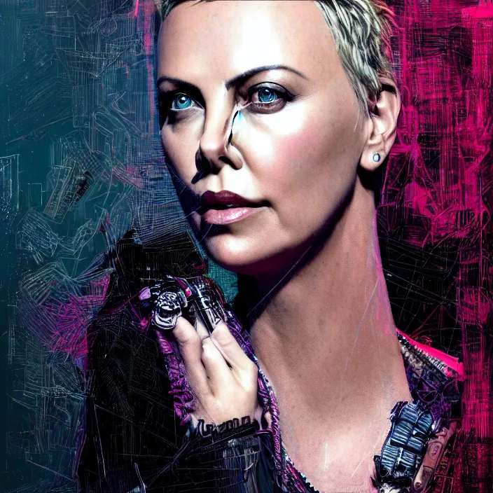 Image similar to portrait of charlize theron as a punk rock girl. intricate abstract. intricate artwork. by tooth wu, wlop, beeple, dan mumford. octane render, trending on artstation, greg rutkowski very coherent symmetrical artwork. cinematic, hyper realism, high detail, octane render, 8 k, iridescent accents