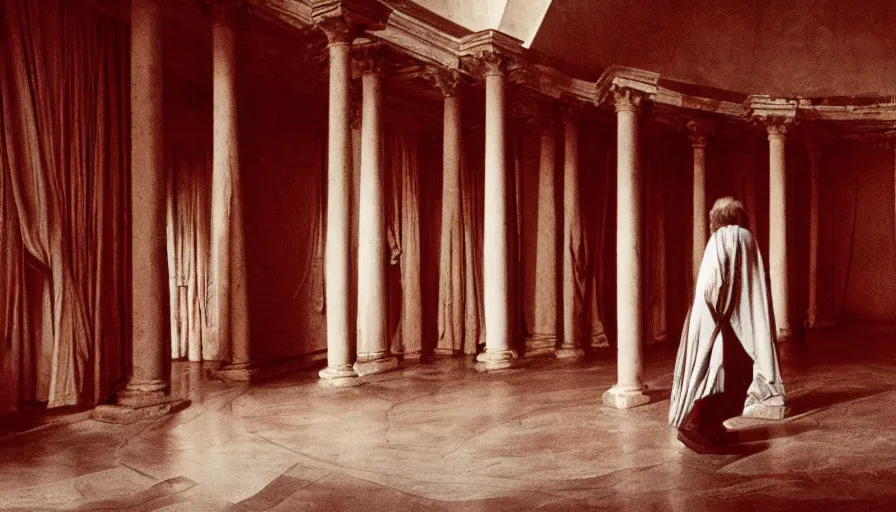 Prompt: 1 9 7 0 s andrei tarkovsky movie still of a man in red drapery in a spherical building with columns and pyramids, by piranesi, panoramic, ultra wide lens, cinematic light, anamorphic