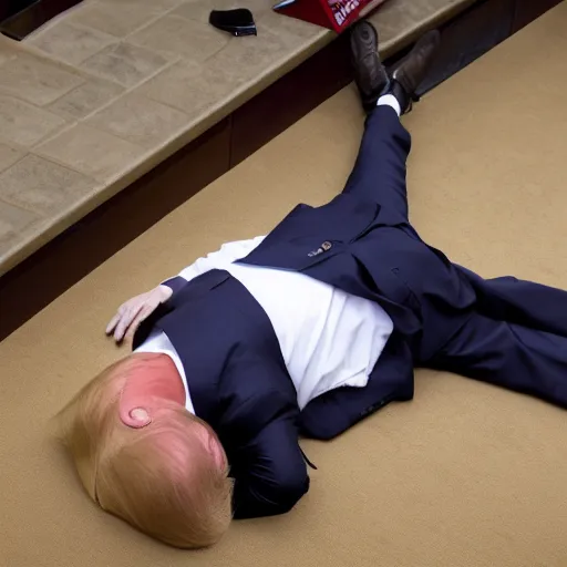 Prompt: donald trump laying down on the floor during a press conference