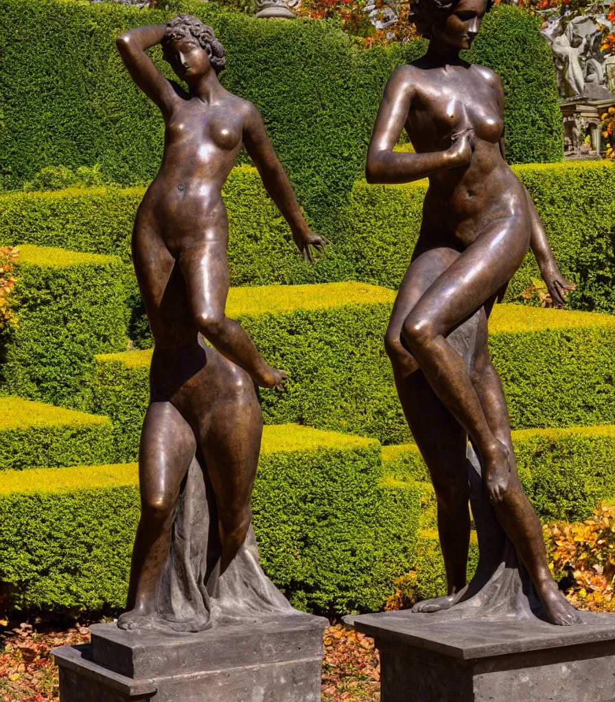 Image similar to detailed photo of old bronze patina statue of most beautiful woman, full body view, various poses, the garden of a castel in background, photorealism, intricate detail, museum diffuse lighting, autumn sunlights