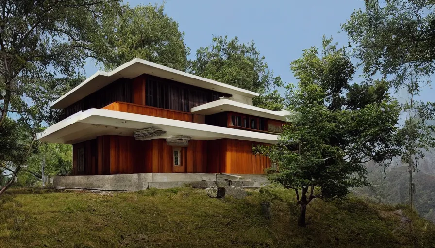 Image similar to small modern house, tibetan inspired architecture, on a green hill between trees, frank lloyd wright, photorealistic, cyberpunk