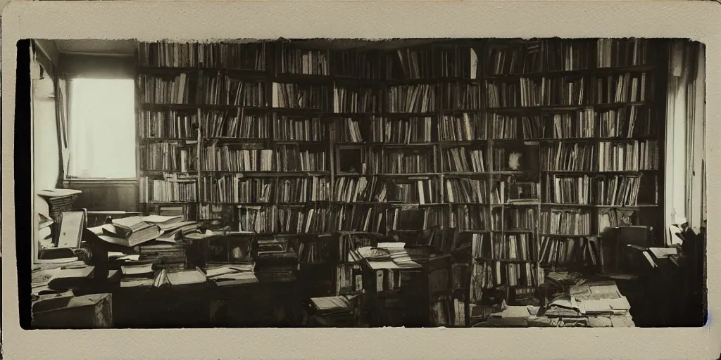 Image similar to 1880, inside a writer room, many books, piles of books, beautiful light, long shadows, 50 mm lens, polaroid photo, yellowed, crackles, scratches, dust, stains