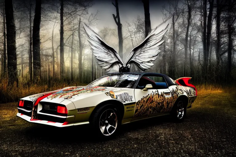 Prompt: pontiac firebird with grafitti tag on side, angelic wings attached to top of the roof, dramatic, cinematic, forest, volumetric lighting, wide shot, low angle