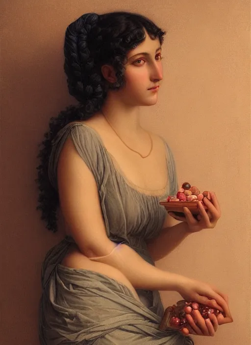 Prompt: beautiful art portrait by John William Godward and Anna Dittman depicting a young lady holding gems, evening, atmospheric lighting, intricate detail, cgsociety, hyperrealistic, octane render, ambient light, dynamic lighting