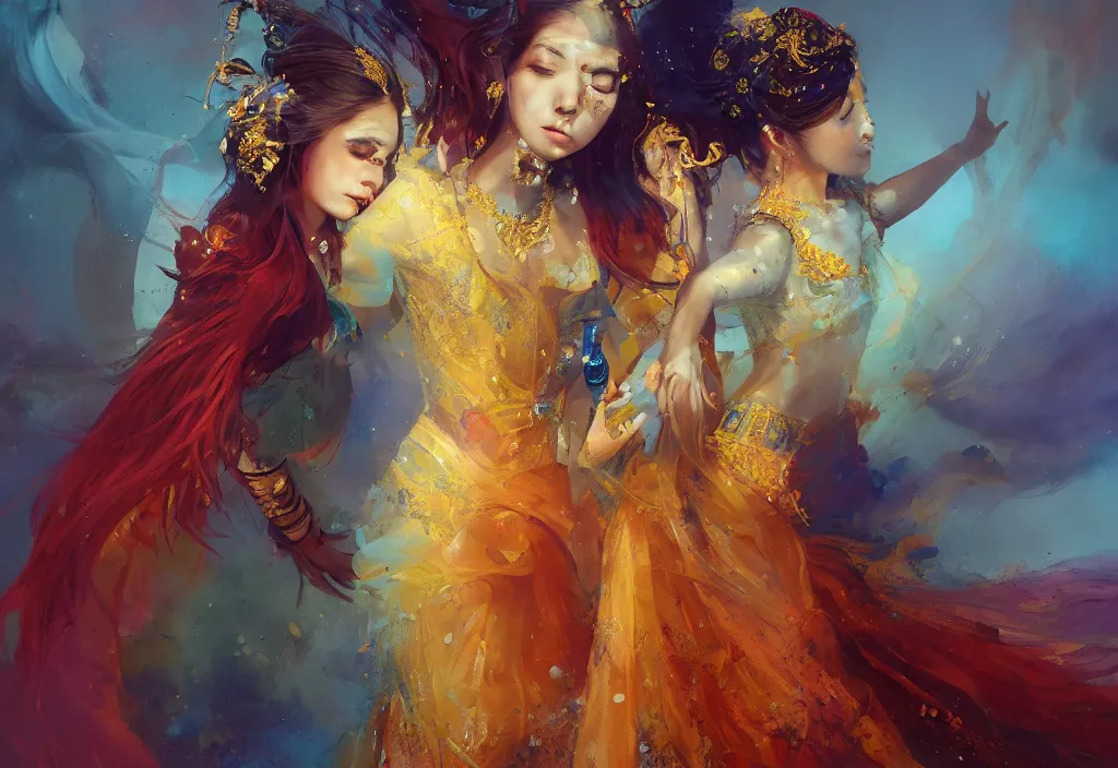 Image similar to full body portrait of a duo of 1 9 years old girl figures, oriental tattoos, jeweled ornament over forehead, jewelry, subject wearing a high fashion mystical gown, flowing, beautiful, dramatic, cinematic lighting, ultramarine, indian yellow, fire red, few vivid turquoise highlights, by greg rutkowski and jeremy mann, artstation, pixiv, oil on canvas