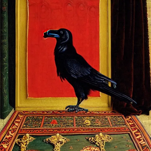 Prompt: a highly detailed painting of a raven, dressed in elegant tudor clothes, inside a room with thick red tapestries, by hans holbein