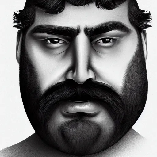 Prompt: face portrait a big beefy man with a large face, thick dark hair, a bushy black moustache, with hardly any neck and mean little eyes, highly detailed, digital art, sharp focus, trending on art station, charcoal drawing