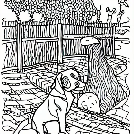 Image similar to Dog at the park, coloring book outline, line drawing