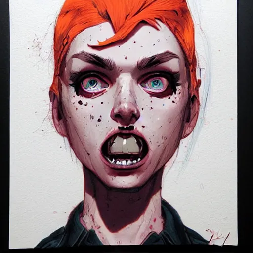 Prompt: Highly detailed portrait of pretty punk zombie young lady with, freckles and beautiful hair by Atey Ghailan, by Loish, by Bryan Lee O'Malley, by Cliff Chiang, inspired by image comics, inspired by graphic novel cover art, inspired by izombie, inspired by scott pilgrim !! Gradient orange, black and white color scheme ((grafitti tag brick wall background)), trending on artstation