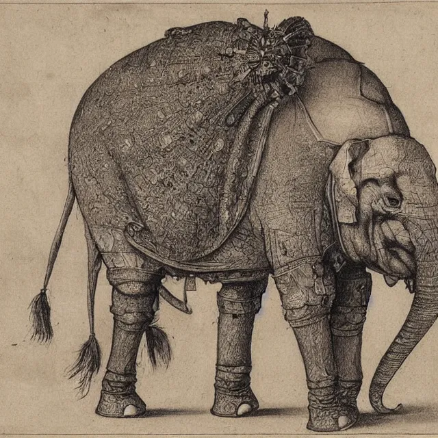 Image similar to a detailed, intricate drawing of a heavily armored elephant on a beach, by albrecht durer