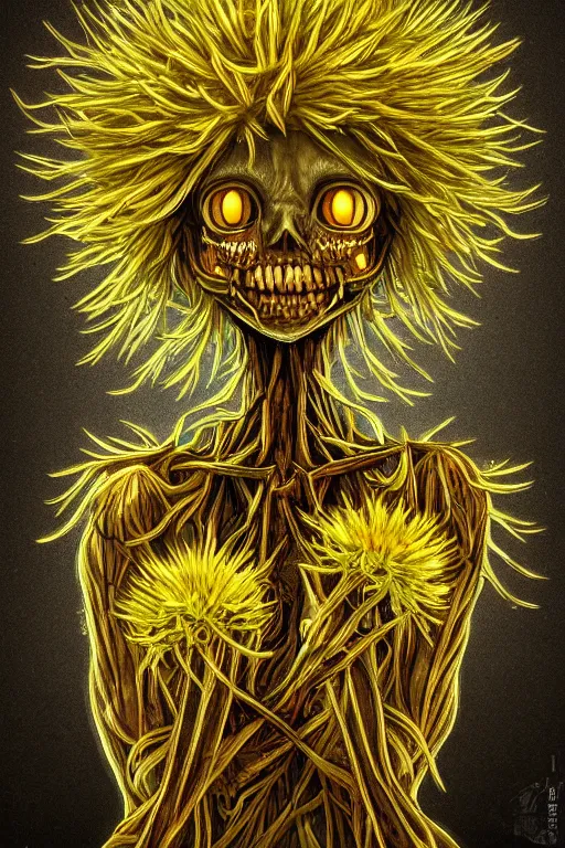 Prompt: a humanoid figure dandelion plant monster, amber eyes, highly detailed, digital art, sharp focus, ambient lighting, glowing, skeletal, trending on art station, anime art style