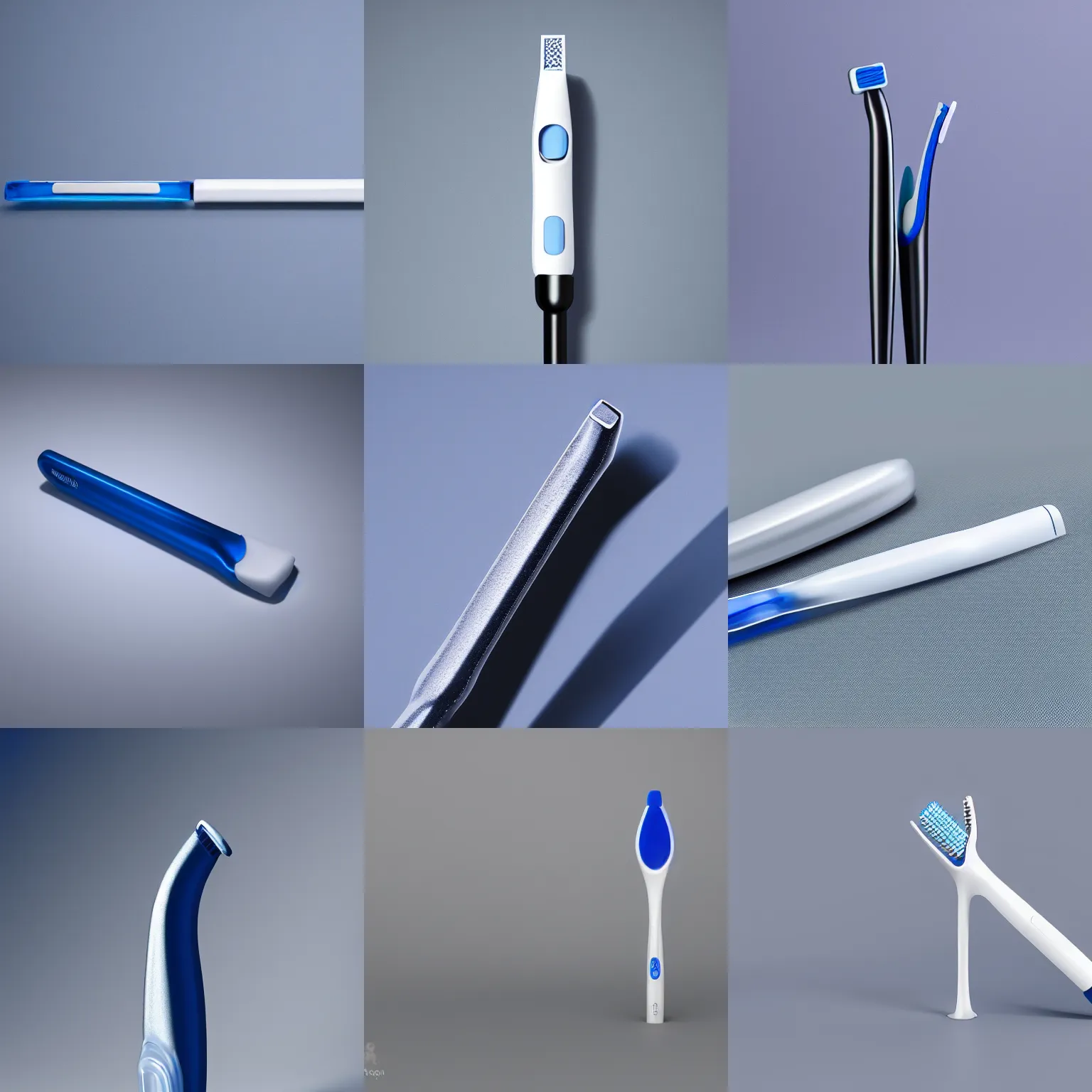 Prompt: ( oral - b toothbrush ) designed by apple, studio photo, white backdrop, studio light, solid works, octane render, macro shot, in focus, dept of field, silver, blue, black design