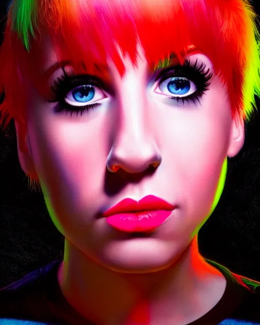 Image similar to neon Hayley Williams, fine details, realistic shaded, fine-face, pretty face