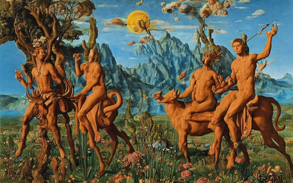 Image similar to a portrait photograph of a meditating satyr and a centaur monk riding a rocket machine and hunting at a river delta. surrounded by bulbous flowers and trees. mountain range under a blue sky of fiery stars. by jan van eyck, max ernst, ernst haeckel, ernst fuchs and artgerm, cgsociety, fashion editorial, 8 k