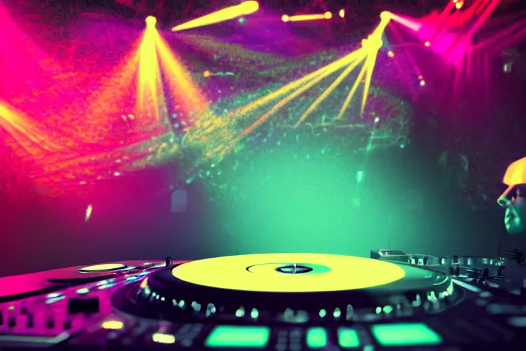 Image similar to beautiful digital art of a dj on stage spinning records with headphones looking over crowd dancing at a club by mobius, silhouette, volumetric lighting, haze, moving heads light beams, spot lights, disco ball, trending on artstation, 4k, unreal engine, intricate, ornate