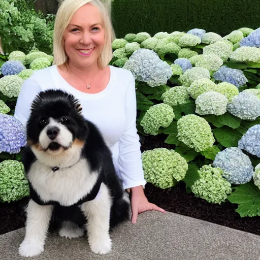 Prompt: 5 0 year old mildly overweight blonde woman, welcoming grin, wearing black, surrounded by hydrangeas, small white dog at her side, portrait, headshot, detailed, high quality