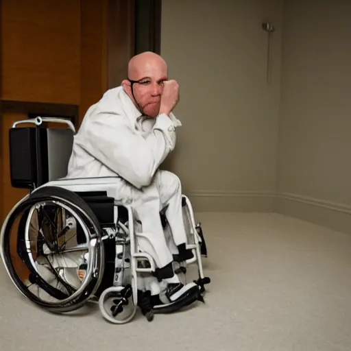 Image similar to flynn white from breaking bad unable roll his wheelchair upstairs, sharp focus, hyper realistic, sony 3 5 mm lens
