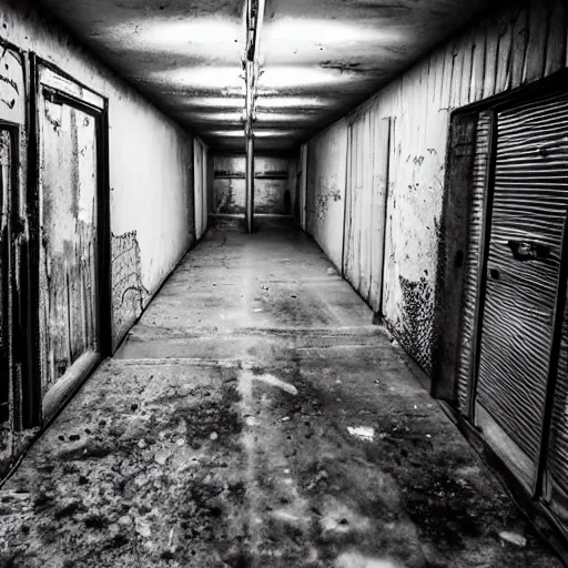 Prompt: The Backrooms, creepy liminal space of infinite garages connecting together, gritty and dark, photographs