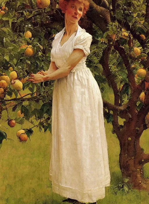 Prompt: illustration full body portrait of elegant slim mature woman standing in orchard, by norman rockwell, roberto ferri, daniel gerhartz, tom lovell, dean cornwell
