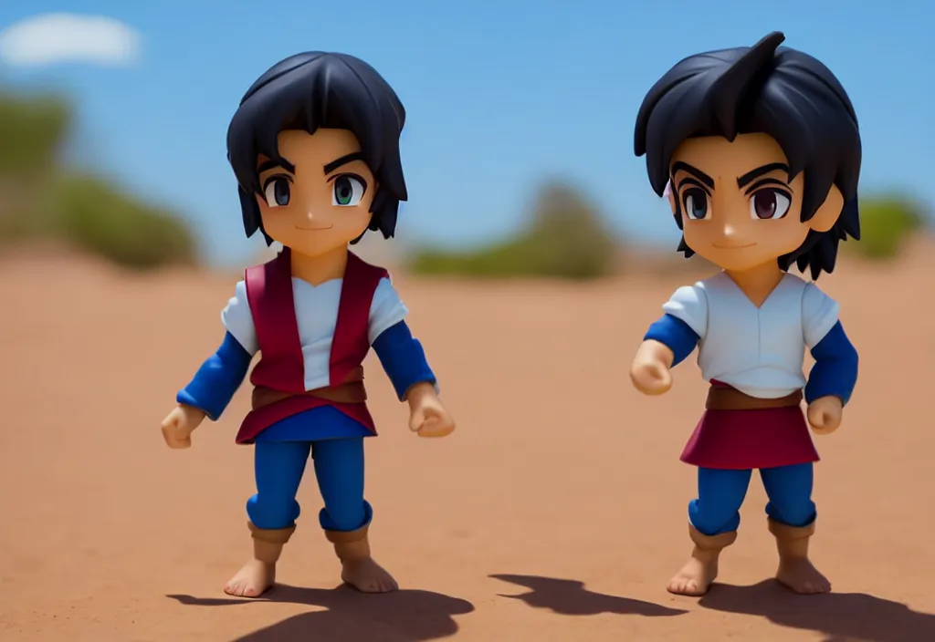 Image similar to side view of young aladdin as nendoroid running in desert village, 8 k hd dof, kodak film,