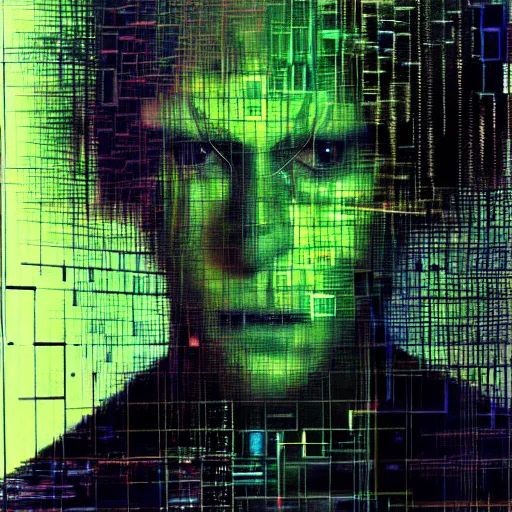 Prompt: hyperrealistic portrait of a cyberpunk man, teenager, medium hair, immersed within a network, by Guy Denning, Johannes Itten, Derek Gores, Russ Mills, glitch art, hyper focus, fine detail, polished, complex, hacking effects, holographic, digital tech effects, green, color blocking!, realistic, acrylic on canvas, concept art, abstract!, symmetrical, 8k, concept art, octane, cgsociety, trending on artstation