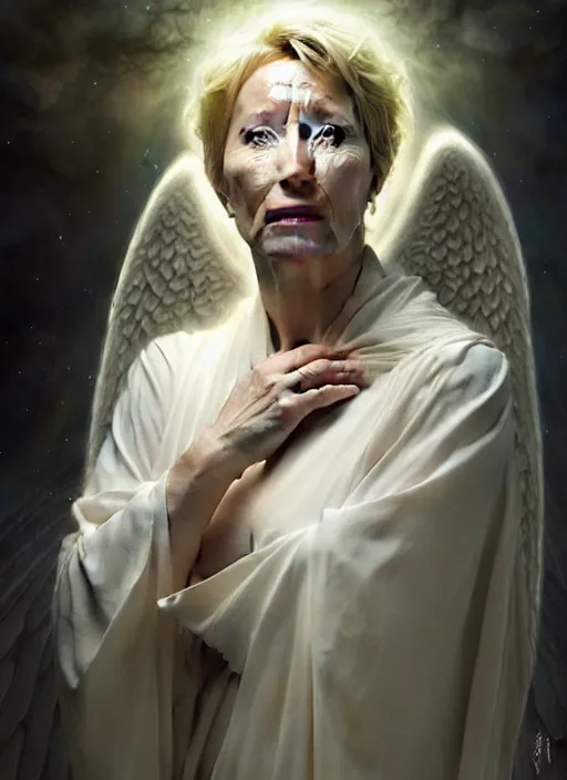 Image similar to emma thompson as an angel with cloak, aesthetic, fine art, intricate, elegant, highly detailed, realistic hair, centered, digital painting, art station, conceptual art, soft, sharp focus, illustration, artwork, artgerm, tomasz alen kopera, peter mohrbacher, donato giancola, wlop, boris vallejo