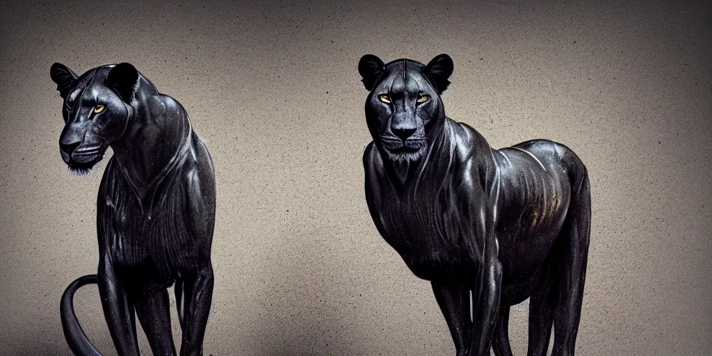 Prompt: a black lioness, made of smooth black goo, posing in the photo studio, viscous, sticky, full of tar, covered with black goo. concept art, realism, animal drawing, color, rimlight, wrinkles, reflections, wildlife photography, black goo, cinematic