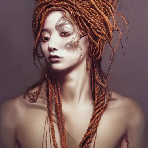 Image similar to portrait of a Shibari rope wrapped face and neck, headshot, insanely nice professional hair style, dramatic hair color, dark skin tones, digital painting, of a old 13th century, traveler, amber jewels, baroque, ornate clothing, scifi, realistic, hyperdetailed, chiaroscuro, concept art, art by Franz Hals and Jon Foster and Ayami Kojima and Amano and Karol Bak,