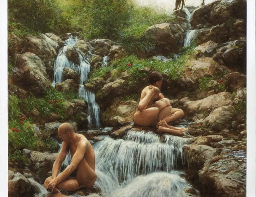 Image similar to steve hanks, serov valentin, lisa yuskavage, andrei tarkovsky, terrence malick, focused monk sits near waterfall, golden ratio, perfect symmetrical, polaroid, vintage, soft lights, foggy, oil on canvas