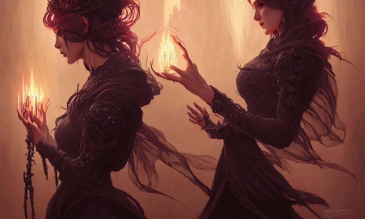 Image similar to Necromancer Sorceress in center, fantasy magic, undercut hairstyle, dark light night, intricate, elegant, sharp focus, illustration, highly detailed, digital painting, concept art, matte, art by WLOP and Artgerm and Greg Rutkowski and Alphonse Mucha, masterpiece