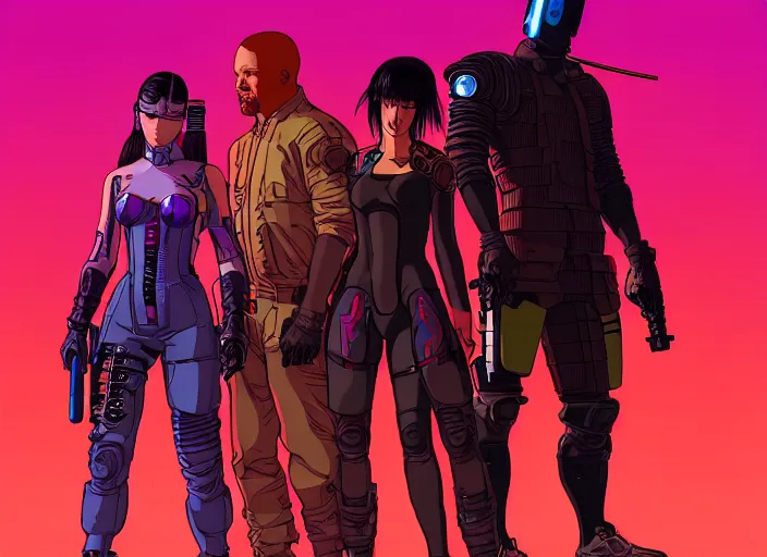 Image similar to cyberpunk samurai team. portrait by stonehouse and mœbius and will eisner and gil elvgren and pixar. character design. realistic proportions. cyberpunk 2 0 7 7 character art, blade runner 2 0 4 9 concept art. cel shading. attractive face. thick lines. the team. diverse characters. artstationhq.