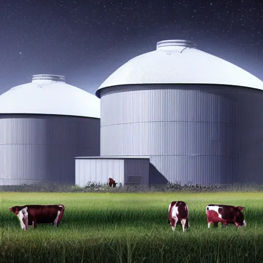 Image similar to exterior view of modern futuristic farm barn architecture, silo, feed troughs, cows, pigs, chickens, detailed luminescent oil painting 4 k