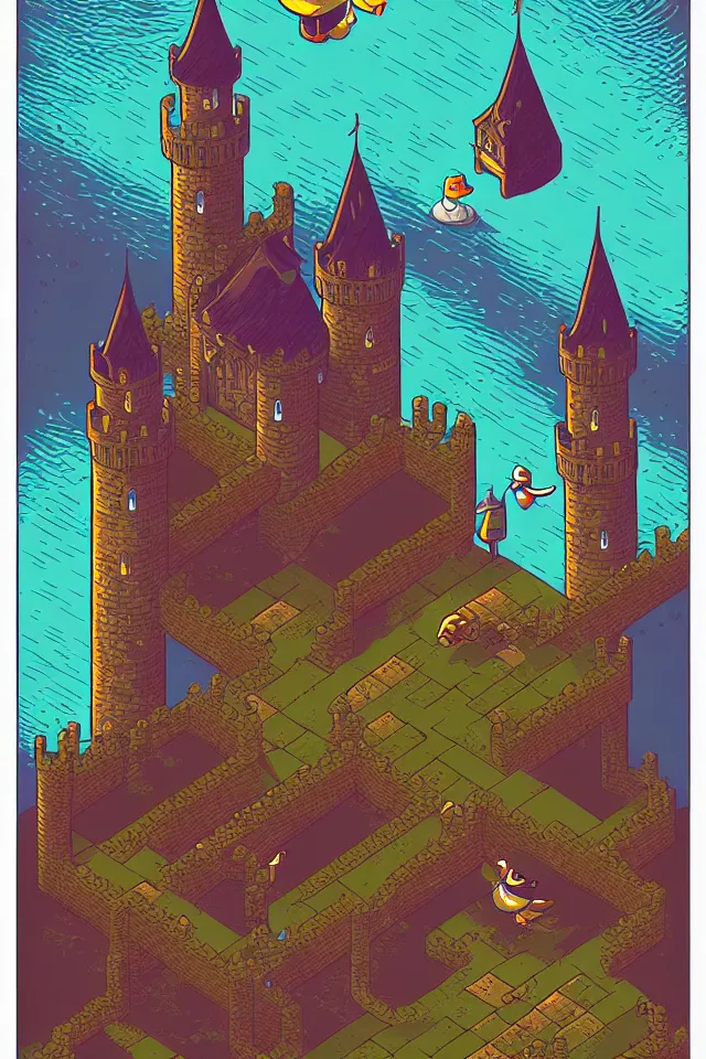 Image similar to a duck wizard, big castle by dan mumford