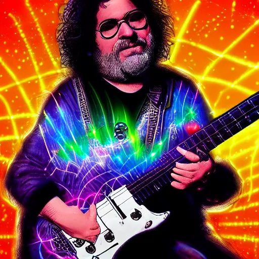 Image similar to a Jerry Garcia guitarist playing so intensely there is electricity shooting out from his guitar, energy beams under his finger tips, and magic sparkles from the freboard, amazing ditial art, trending on artstation, featured on deviantart