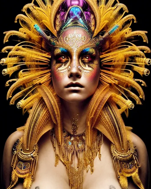 Prompt: hyperrealistic detailed portrait of a beautiful goddess in an iridescent - gold ornamental ritual headdress, intricate cyberpunk make - up, golden face tattoos, insane details, art by ernst haeckel, nekro borja, john william godward, gothic - cyberpunk, beautiful deep colours,