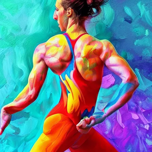 Prompt: beautiful gymnast on fluid masses of oil paint, bright colours, hyperrealistic, digital art