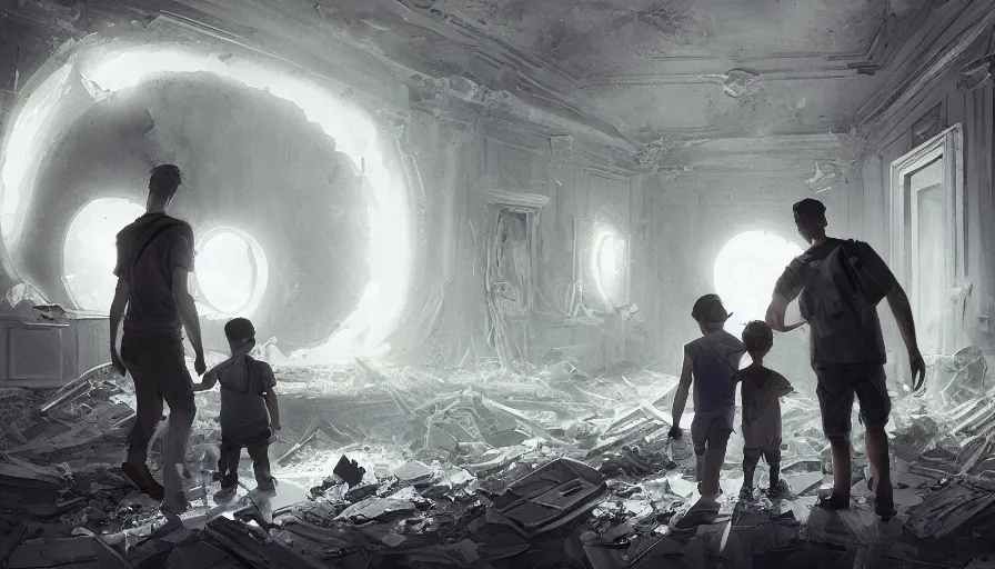 Image similar to father and son exploring destroyed white house with glow sticks, moonlight through windows, dark corridors, debris, covered by vegeration, hyperdetailed, artstation, cgsociety, 8 k