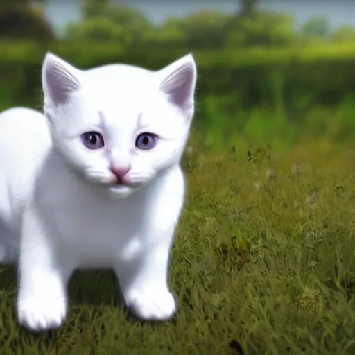 Image similar to white kitten in a field, unreal engine, detailed