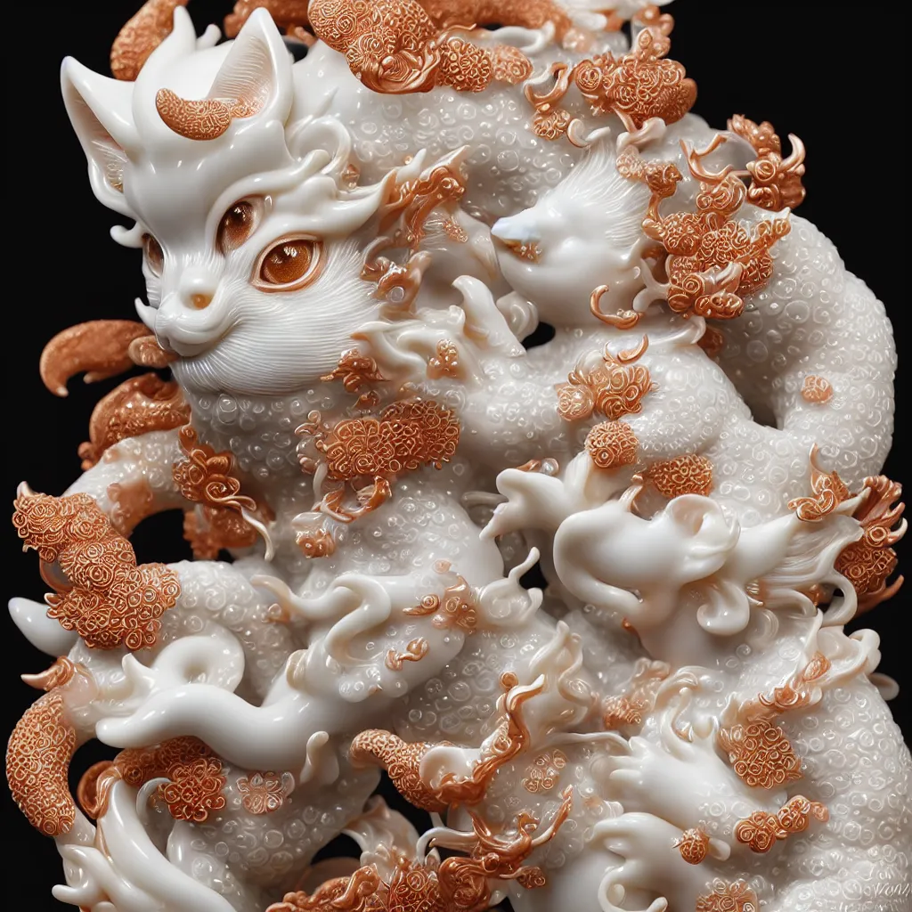 Image similar to a single close up photo - real delicate ceramic porcelain sculpture of an ornate kitsune detailed in front of an intricate background by victo ngai and takato yamamoto, micro detail, backlit lighting, face in focus, subsurface scattering, translucent, thin porcelain, octane renderer, colorful, physically based rendering, japanese pottery, trending on cgsociety