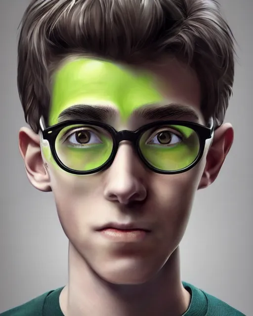 Prompt: portrait of a small, skinny 1 7 - year - old boy with a thin face, black hair, and bright green eyes. wears round glasses held together with tape and has a thin scar on his forehead, potter, hyper realistic face, beautiful eyes, character art, art by mark brooks, hyperdetailed, cryengine, trending on artstation, digital art