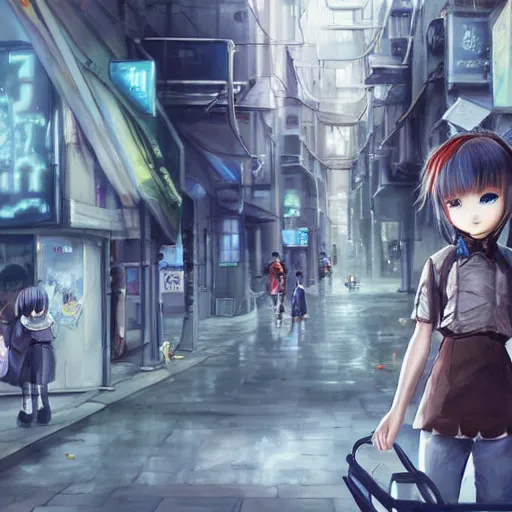 Image similar to dynamic composition, motion, ultra-detailed, incredibly detailed, a lot of details, amazing fine details and brush strokes, colorful and grayish palette, smooth, HD semirealistic anime CG concept art digital painting, watercolor oil painting of Clean and detailed post-cyberpunk sci-fi close-up schoolgirl in asian city in style of cytus and deemo, blue flame, relaxing, calm and mysterious vibes,, by a Chinese artist at ArtStation, by Huang Guangjian, Fenghua Zhong, Ruan Jia, Xin Jin and Wei Chang. Realistic artwork of a Chinese videogame, gradients, gentle an harmonic grayish colors. set in half-life 2, Matrix, GITS, Blade Runner, Neotokyo Source, Syndicate(2012), dynamic composition, beautiful with eerie vibes, very inspirational, very stylish, with gradients, surrealistic, dystopia, postapocalyptic vibes, depth of field, mist, rich cinematic atmosphere, perfect digital art, mystical journey in strange world