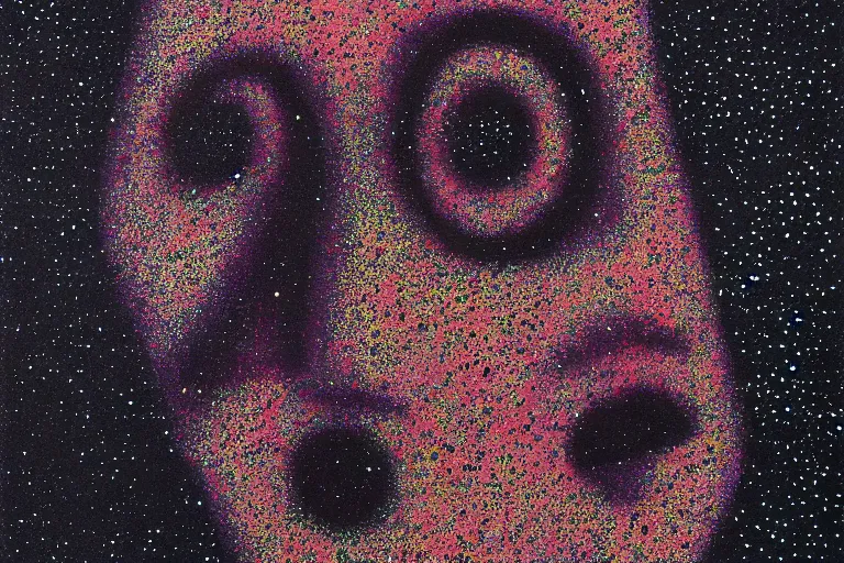 Image similar to face made out of planet, faceless people dark, dots, drip, stipple, pointillism, technical, abstract, minimal, style of francis bacon, asymmetry, pulled apart, cloak, hooded figure