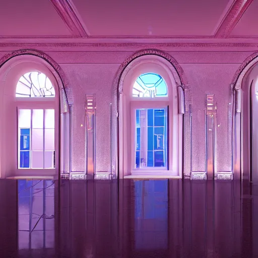 Image similar to white marble room arched windows, neon fluorescent lights, cinematic, octane render, detailed illustration, character portrait, by Martin Grip and Moebius,