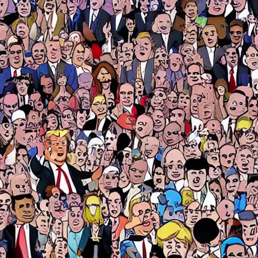 Image similar to enoumous crowd of millions of people, everyone is laughing and pointing at an donald trump on a podium with no pants. low - fi cartoon.