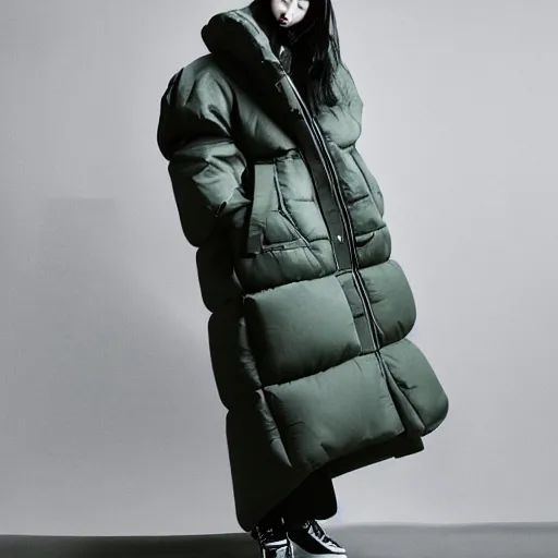 Prompt: extremely beautiful photograph of a young pretty korean woman wearing huge oversized very baggy large puffer jacket in the style of vetements, well lit, studio lighting, glossy, vogue, very realistic and beautiful fashion photography, moncler genius, balenciaga, yeezy, kanye west, balenciaga, vetements