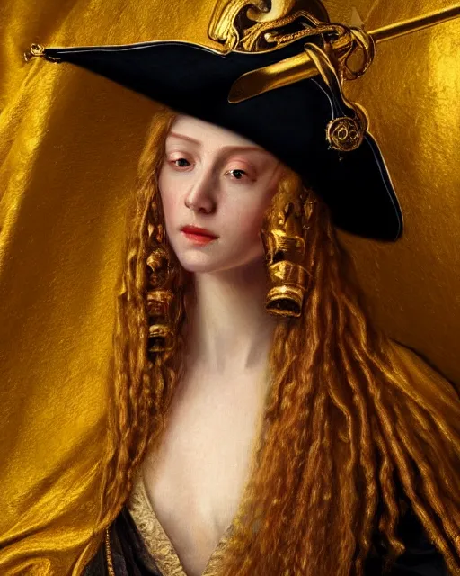 Prompt: realistic portrait of a mysterious pirate made of gold in silky clothes with long golden hair, detailed, 1 4 5 0, delicate, hyper realism, ultra realistic, 8 k