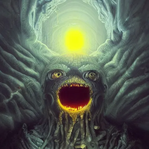 Image similar to an eye inside a mouth of a child with pointed teeth and glowing yellow eyes, nightmare, dark, h. p. lovecraft, portrait, intricate, detailed, volumetric lighting, scenery, digital painting, highly detailed, artstation, sharp focus, illustration, concept art, art by artgerm and greg rutkowski