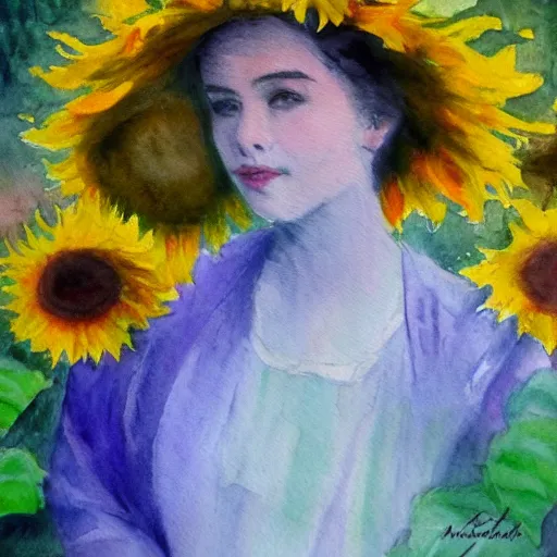 Prompt: molly sanden, watercolor, in the style of claude monet, beautiful face, sunflowers, award winning, hd, 4 k, purple, blue -