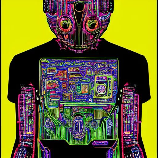 Prompt: a black tshirt with a hyperdetailed portrait of a cyberpunk robot by robert crumb, 8 k, symetrical, flourescent colors, happy trippy mood, multicolored,