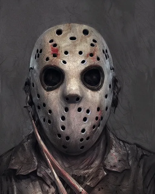 Prompt: jason voorhees, hyper realistic face, horror, fantasy art, in the style of greg rutkowski, intricate, hyper detailed